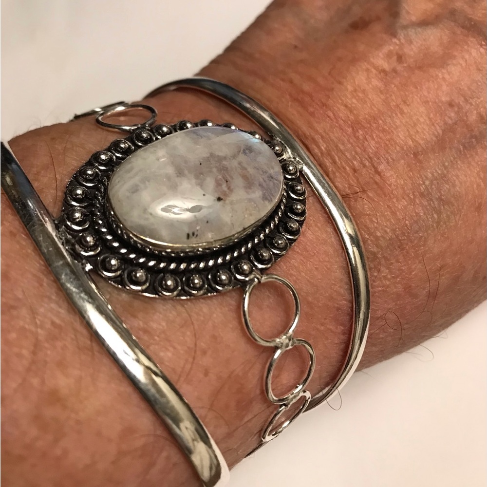 Moonstone Stamped 925 Sterling Silver Cuff Bracelet